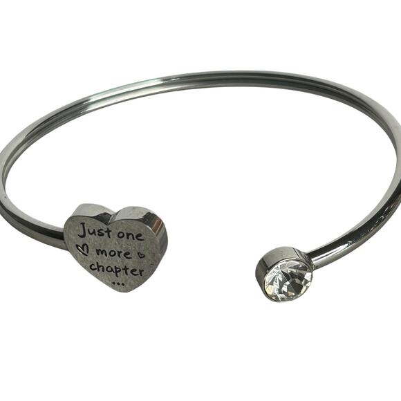 Bookish Just One More Chapter Heart Rhinestone Thin Cuff Bracelet - Picture 2 of 4